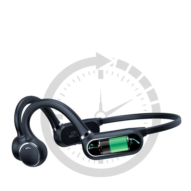 Black air conduction Bluetooth earphones with titanium alloy frame showing ear-hook design