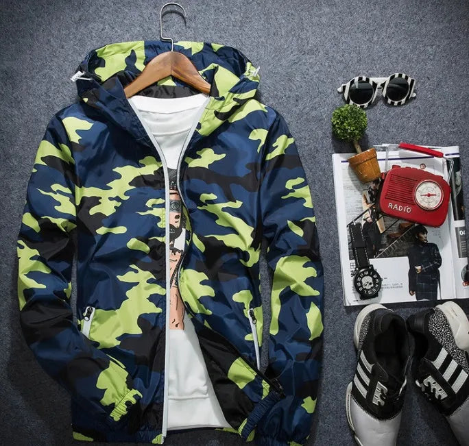 Men's camouflage hooded jacket with luminous zipper, available in multiple colours and sizes M to 5XL