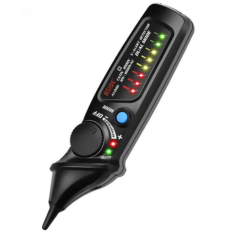 A handheld smart sensor test pencil with a round metal contact tip for high voltage electrical testing.