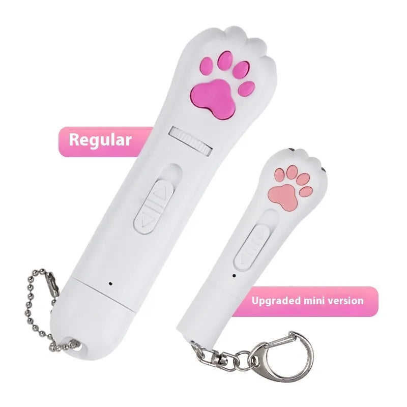 Blue rechargeable infrared cat toy projecting laser footprints on floor with separate cat teasing stick.