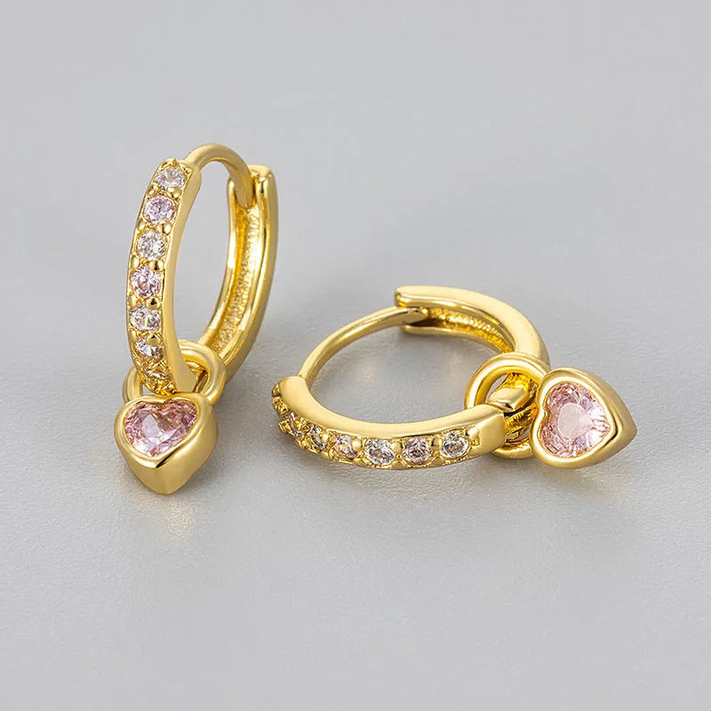 Women's heart-shaped fashion earrings with a coloured loving heart ear clip, available with zircon, corundum or beka stone.