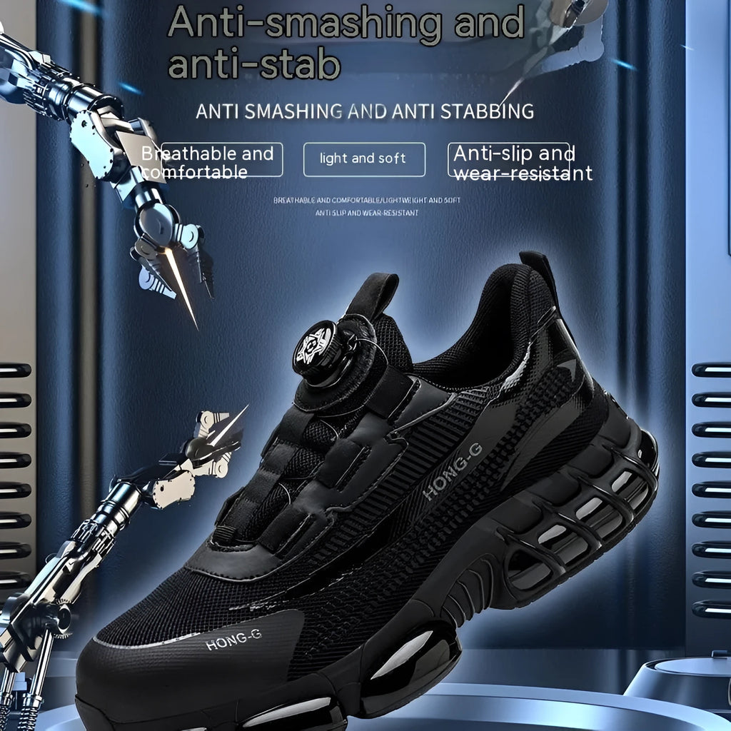 Lightweight black anti-smash work shoes with a steel toe cap and breathable Flyweave upper on a worksite.
