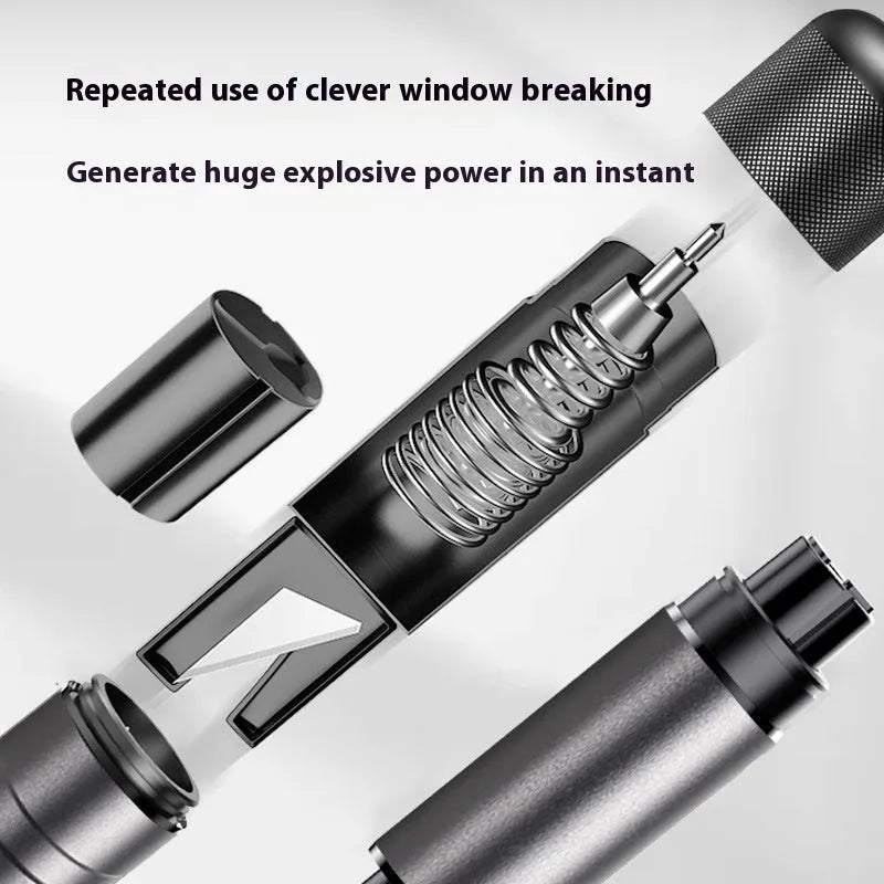 Gun grey aluminium automotive safety hammer with window breaker and seatbelt cutter on 3M adhesive base