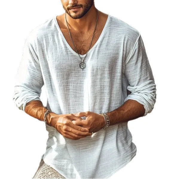 Beige V-neck long-sleeved slim fit t-shirt on a hanger showing front design