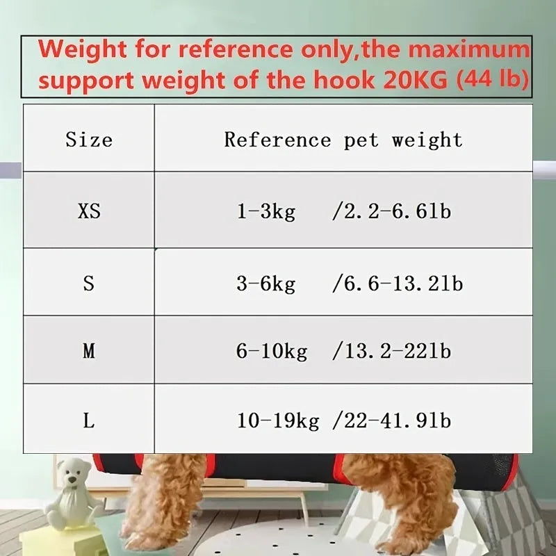 A pet grooming hammock restraint bag hanging, suitable for cats and small dogs.