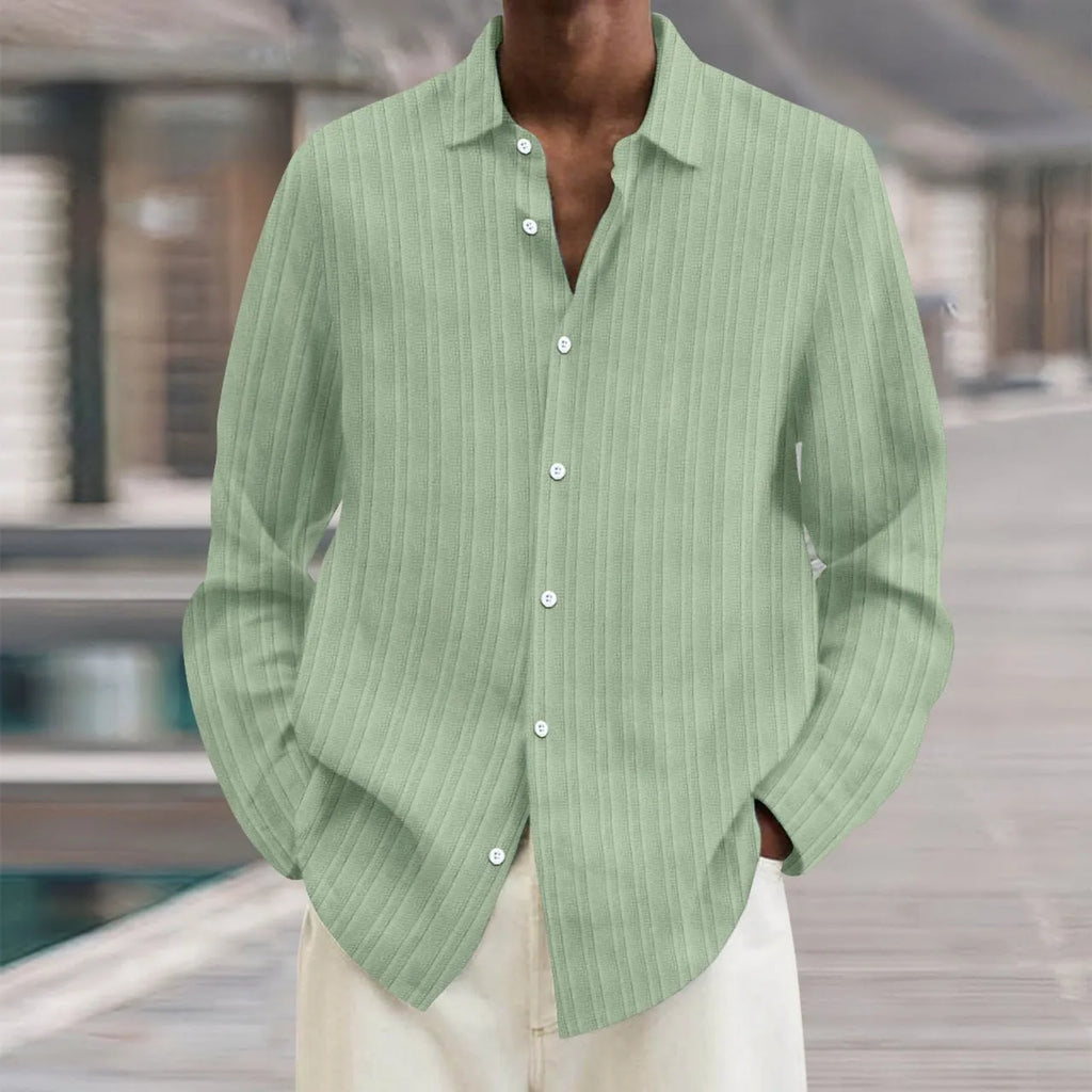 British-style loose fit men's striped long sleeve cardigan shirt on a hanger.