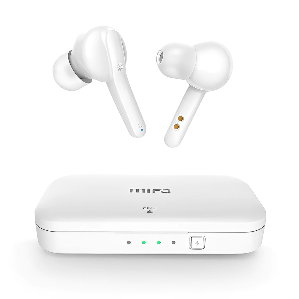 Black and white TWS wireless earbuds with Bluetooth 5.0 and IPX5 waterproof rating