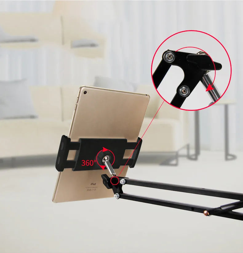 Adjustable black phone tablet stand holding mobile device at eye level