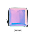 Short folding women's wallet in PU leather showing compact 11cm dimensions with glitter or solid colour options