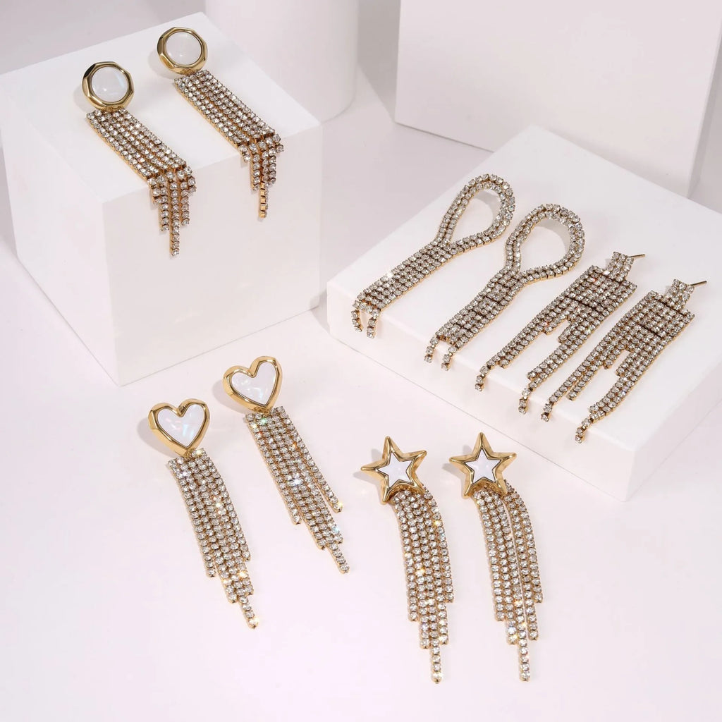 Stainless steel earrings with diamond tassel and heart shapes in 18K gold electroplated finish