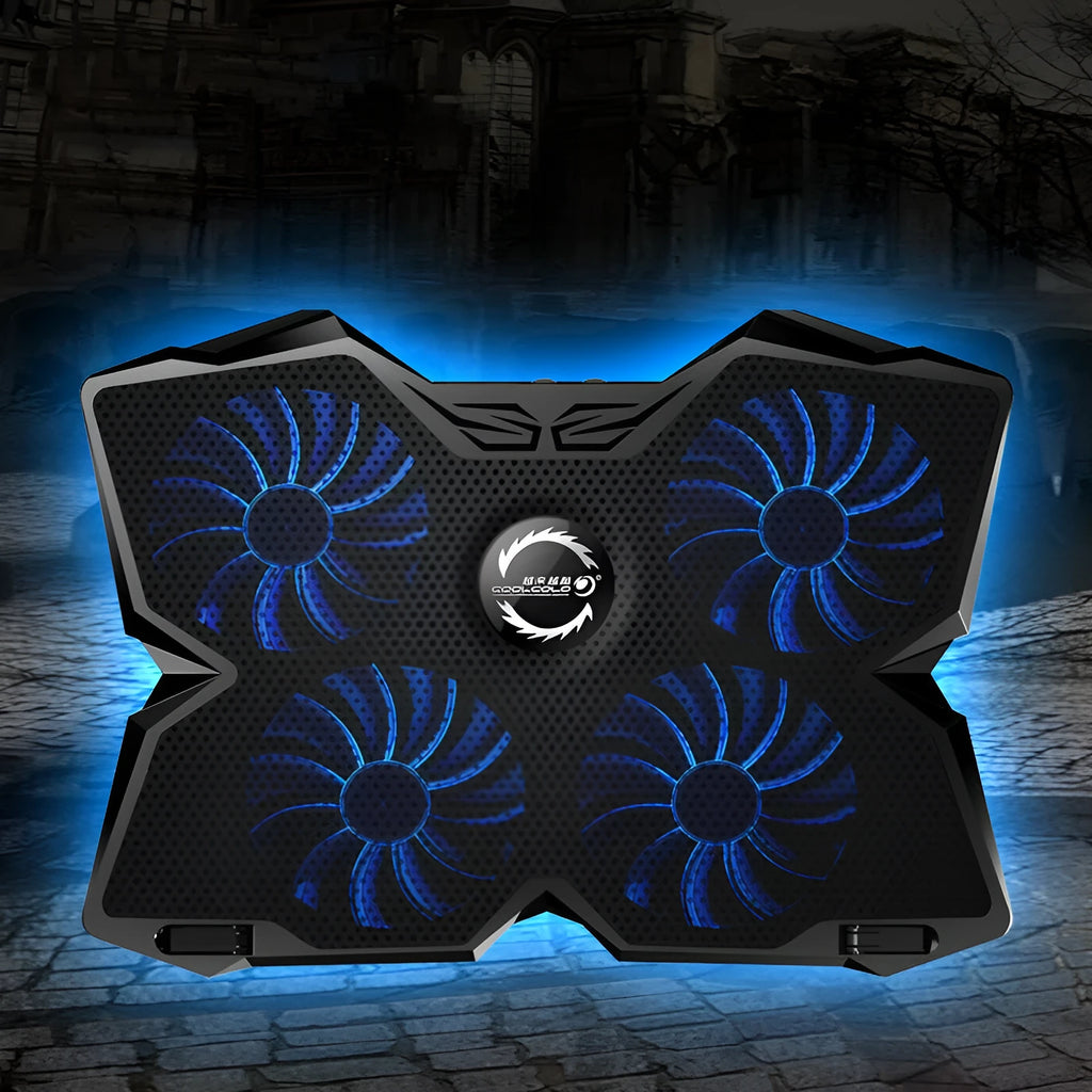 Blue LED computer cooling exhaust fan base with four 120mm fans, two speed switches, and USB ports