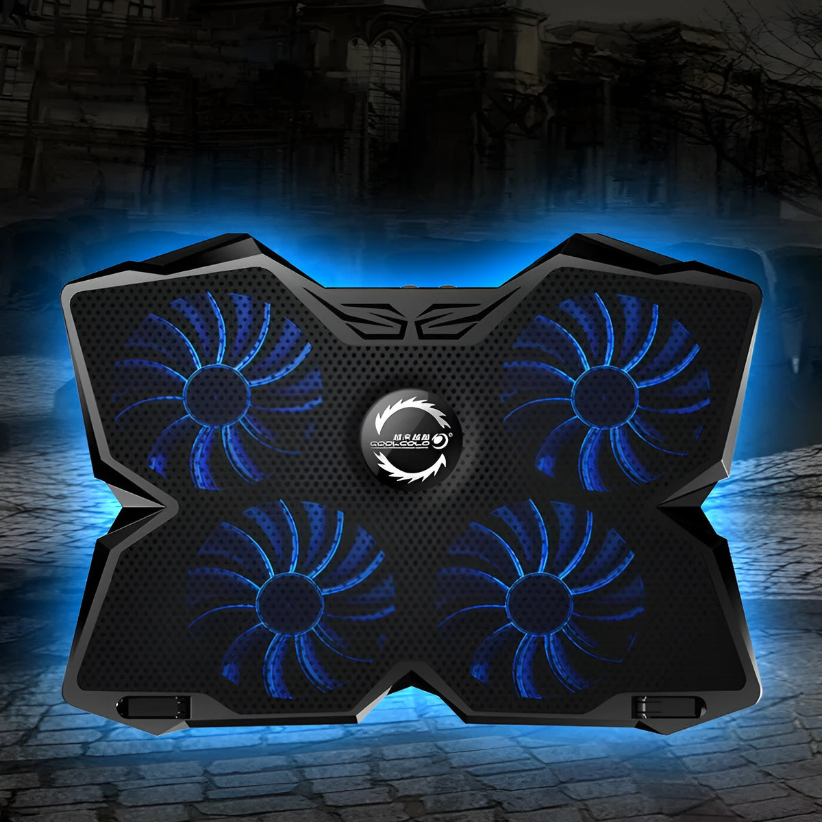 Blue LED computer cooling exhaust fan base with four 120mm fans, two speed switches, and USB ports
