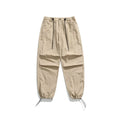 Men's straight-leg loose fit casual trousers in nylon fabric, shown in various colours including black and army green.