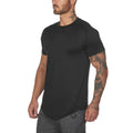 Men's plain gym shirt in cotton-spandex blend showing colour options and size range for fitness wear