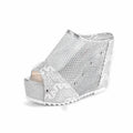 Korean style women's platform flip-flops with a hollowed-out chunky heel and mesh upper.