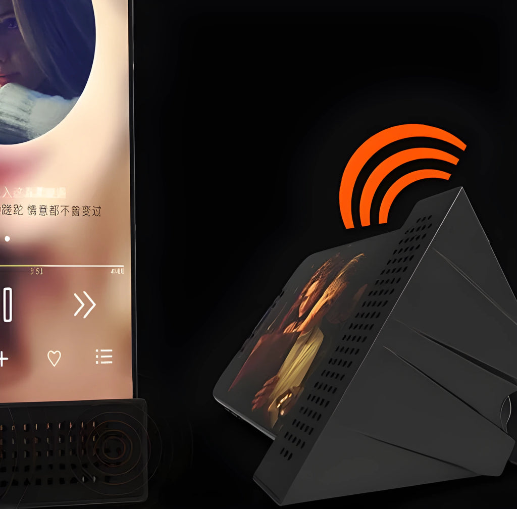A portable black ABS mobile phone amplifier bracket holding an iPhone to boost sound for desktop use.