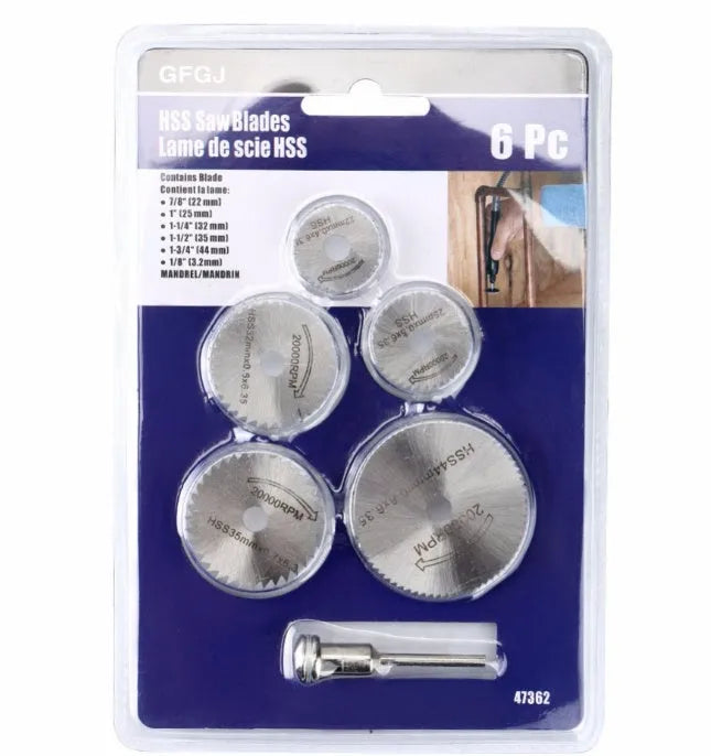 Six circular saw blades with mandrel on white background, high-speed steel construction