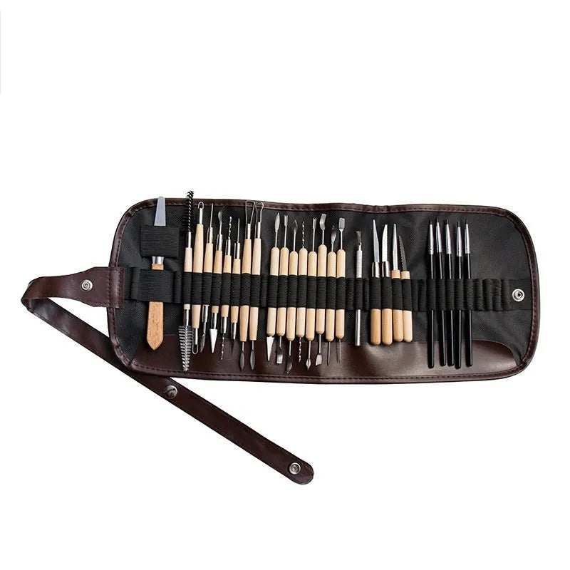27-piece pottery clay tool set including stainless steel, wooden, and plastic sculpting tools for DIY modelling