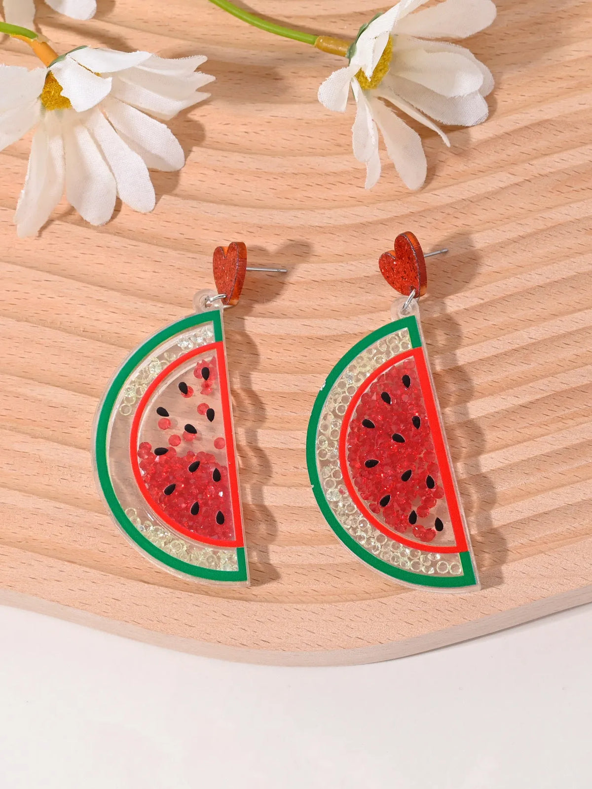 Acrylic women's earrings with fruit, cake, and ice cream designs in pastoral style.