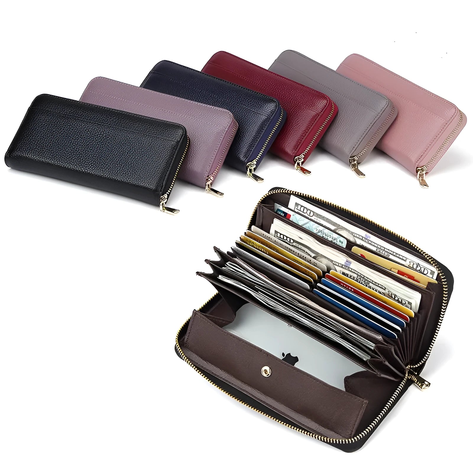 Genuine leather long wallet for women in six colour options showing bifold design and card compartments