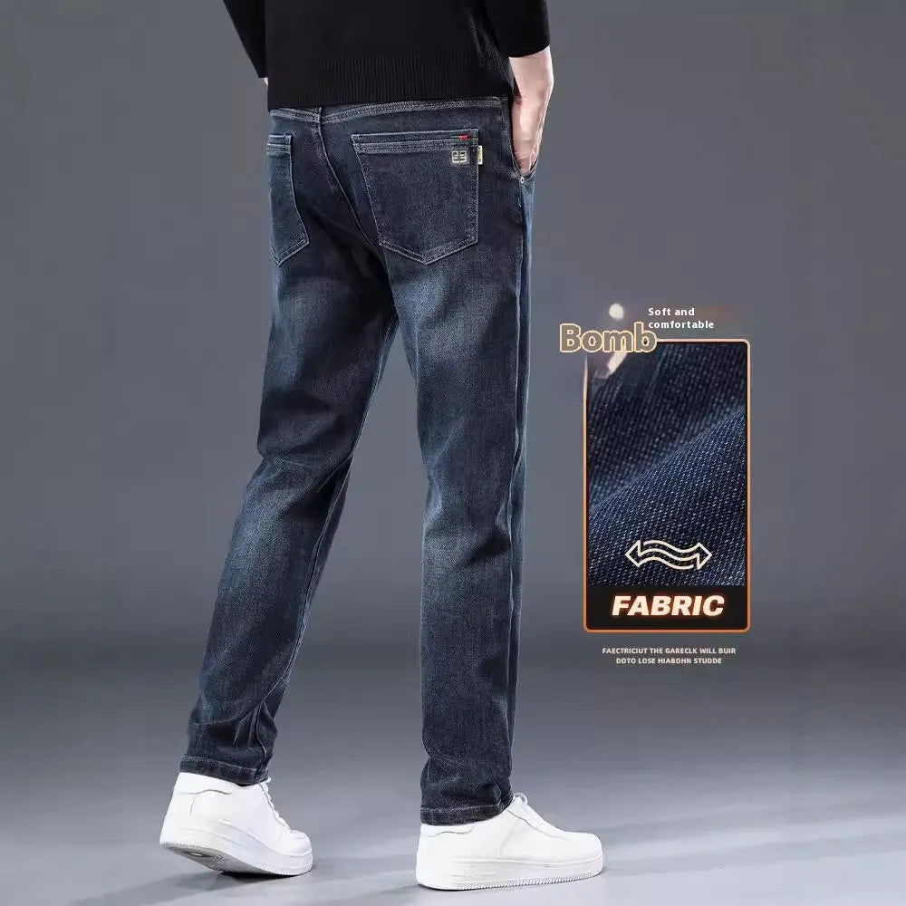 Blue grey slim straight casual trousers with micro elastic waist for summer street fashion wear