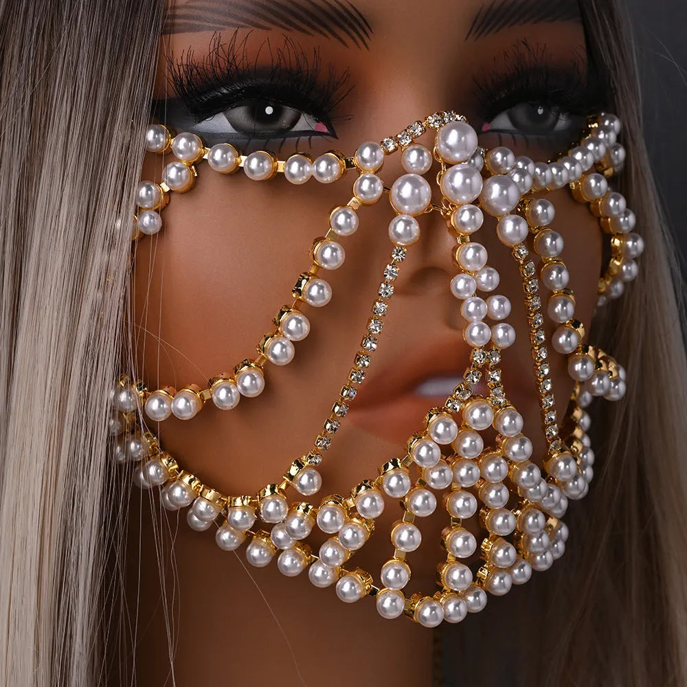 Geometric alloy party mask with rhinestone patchwork detailing in gold or silver electroplated finish