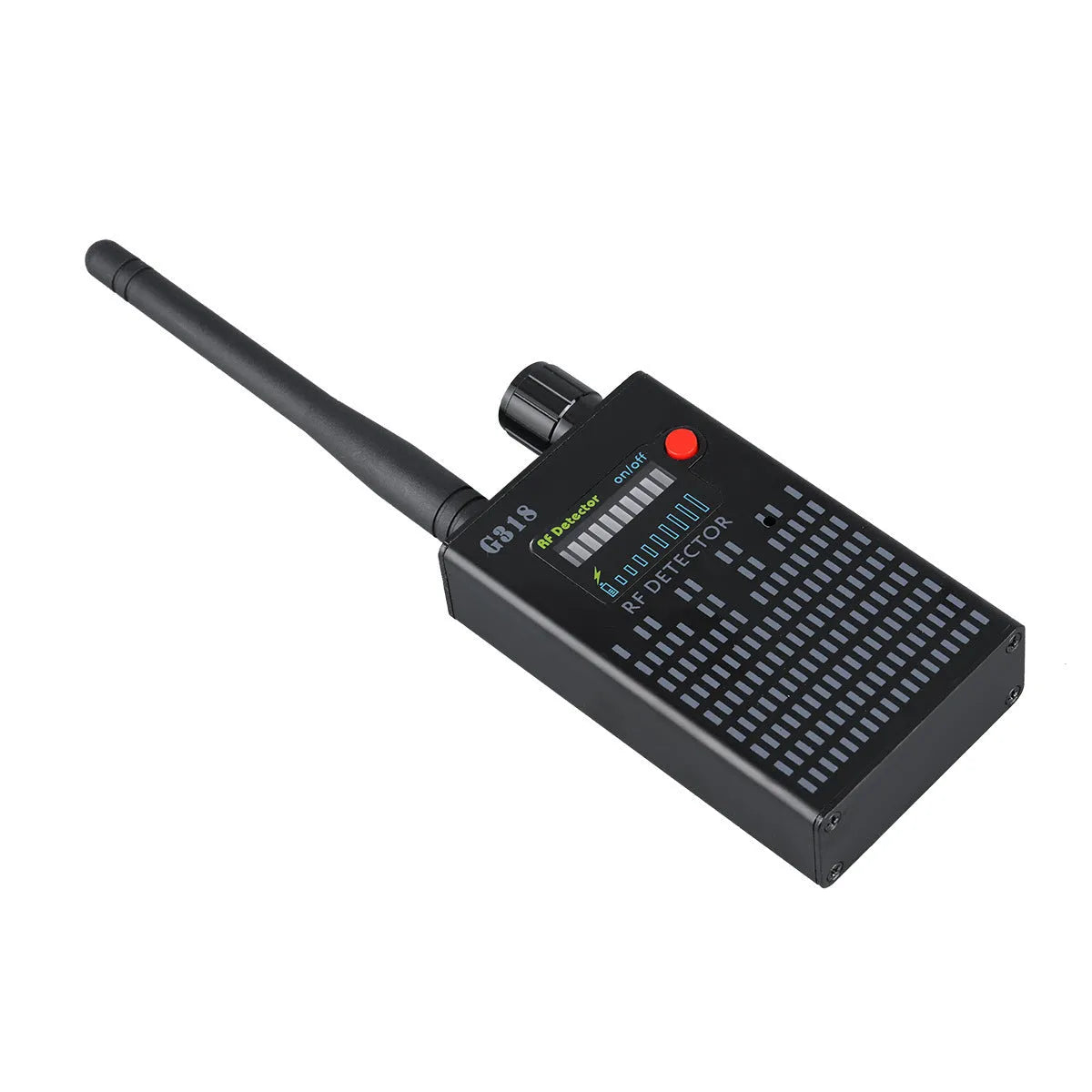 Black G318 aluminum alloy hidden camera detector with dimensions 102x52.5x21.5mm