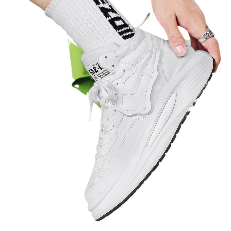 Men's black and white platform high-top shoes with round toe and artificial PU upper