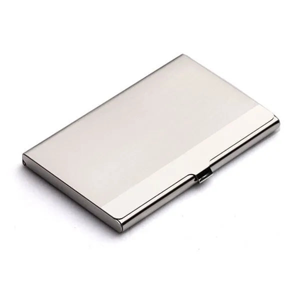 304 stainless steel business card case with laser-sculpted geometric pattern showing horizontal format
