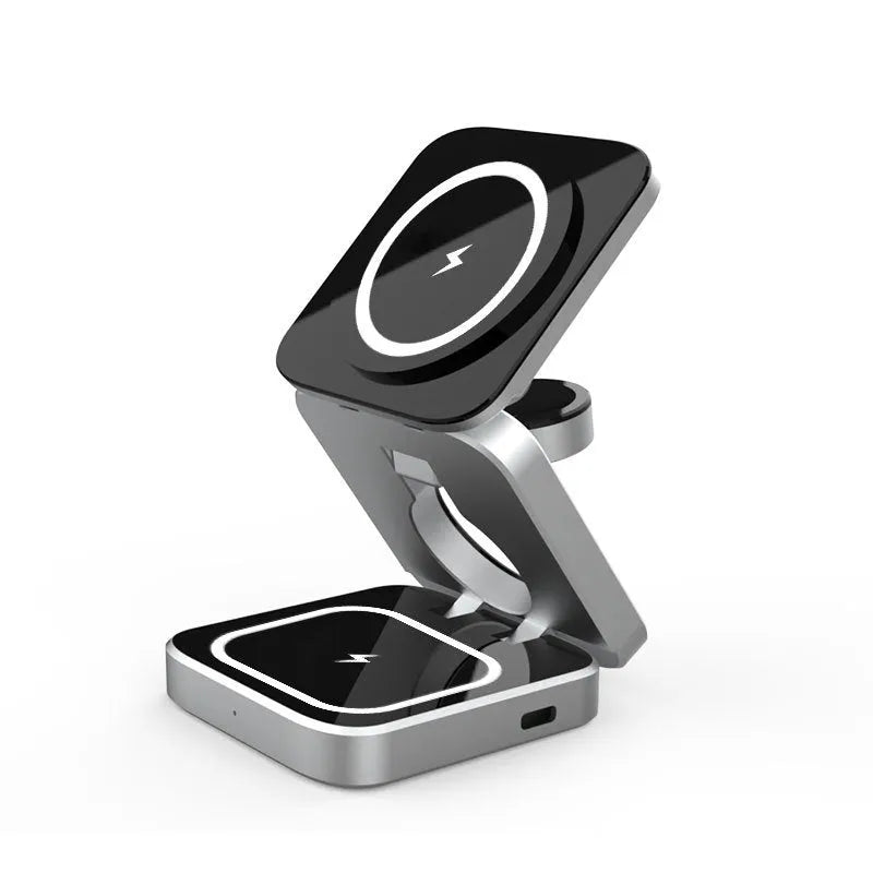 Folding desktop wireless charging bracket holding a phone and a smartwatch at an angle.