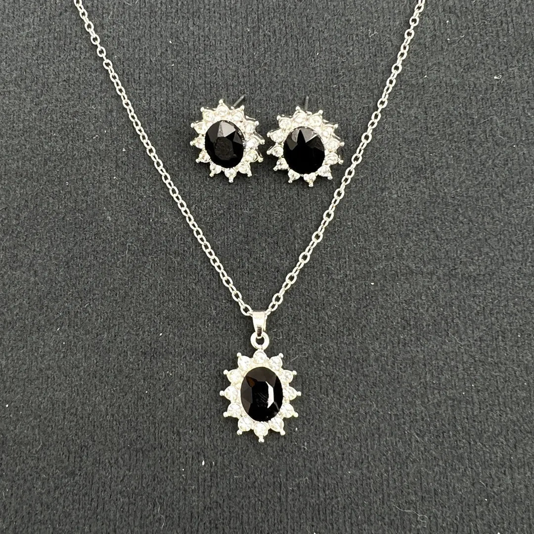 Alloy necklace and earring set with elliptical zircon elements in electroplated colours