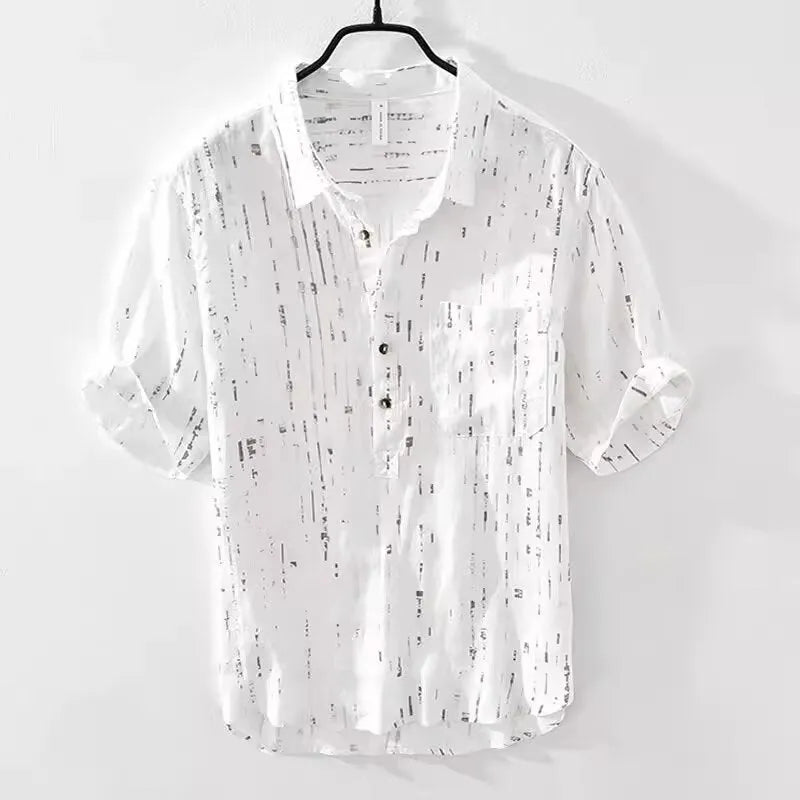 Men's loose-fit short-sleeved polo shirt in white, showing cardigan style and thin fabric.