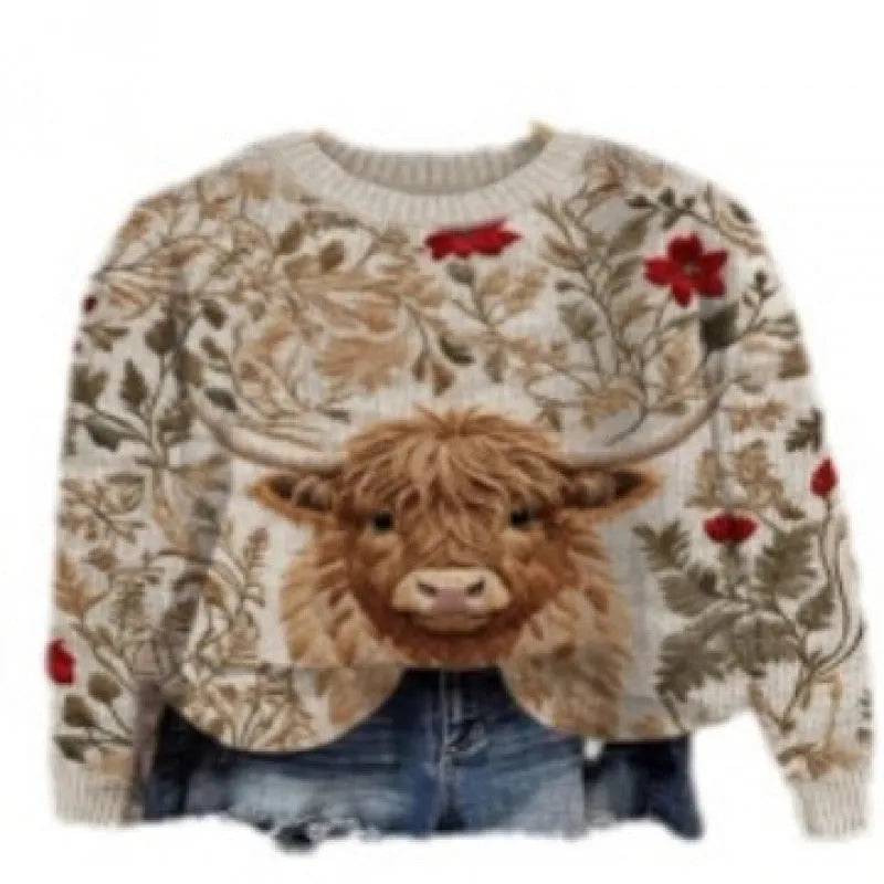 Round neck sweater with a small floral digital print pattern on the front.