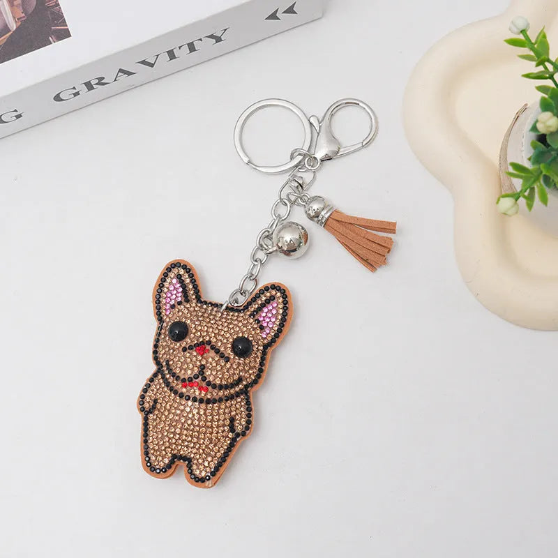 French dog rhinestone keychain with cartoon animal pendant in caramel colour