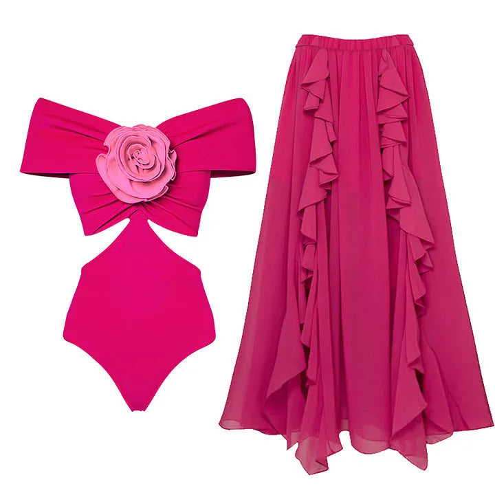 Colour-matching one-piece swimsuit and skirt set made from blue polyester fabric.
