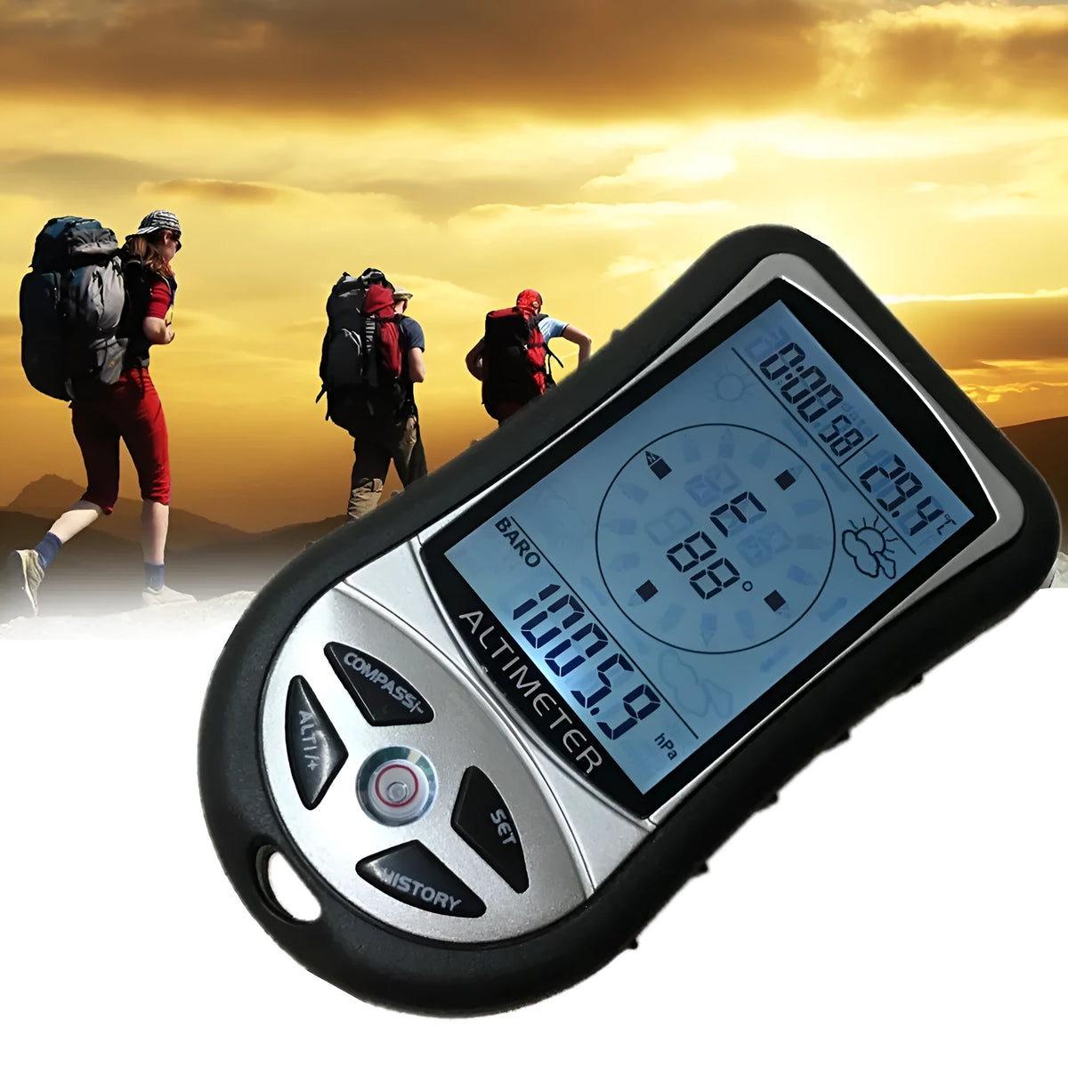 8-in-1 handheld digital altimeter, barometer, compass and thermometer, ABS body 90x50x20mm, detachable string
