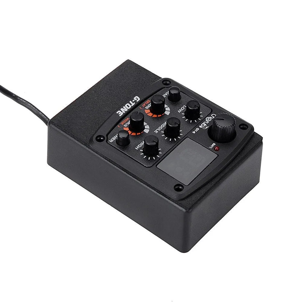 Cherub GT-6 black acoustic guitar pickup and preamp unit with knobs for EQ and effects control.