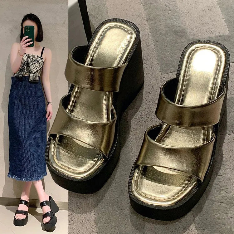 Metallic wedge platform slippers for women with square toe and PU leather upper