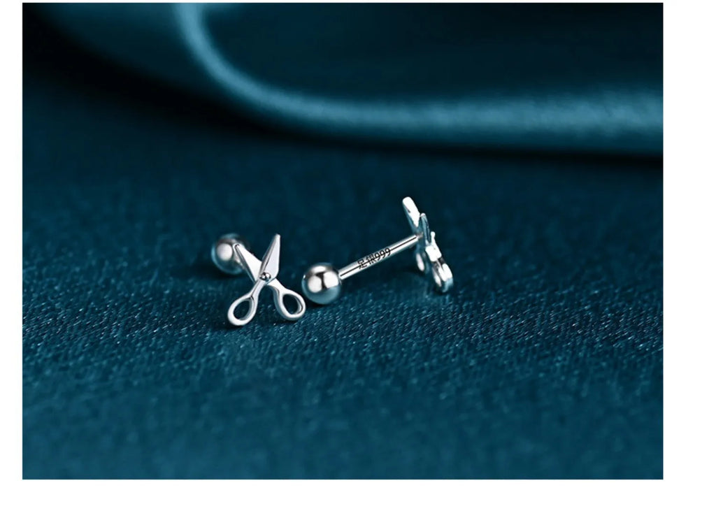 S999 pure silver screw back ear nails with mini scissors design for women