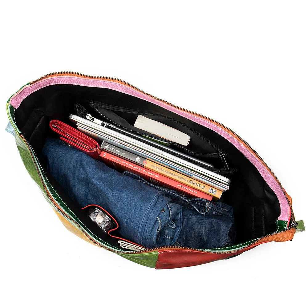 Cowhide leather travel bag with stitching rubbing construction showing 48cm dimensions