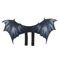 Black cloth bat wing costume for dog or cat on Halloween, shown in three sizes.