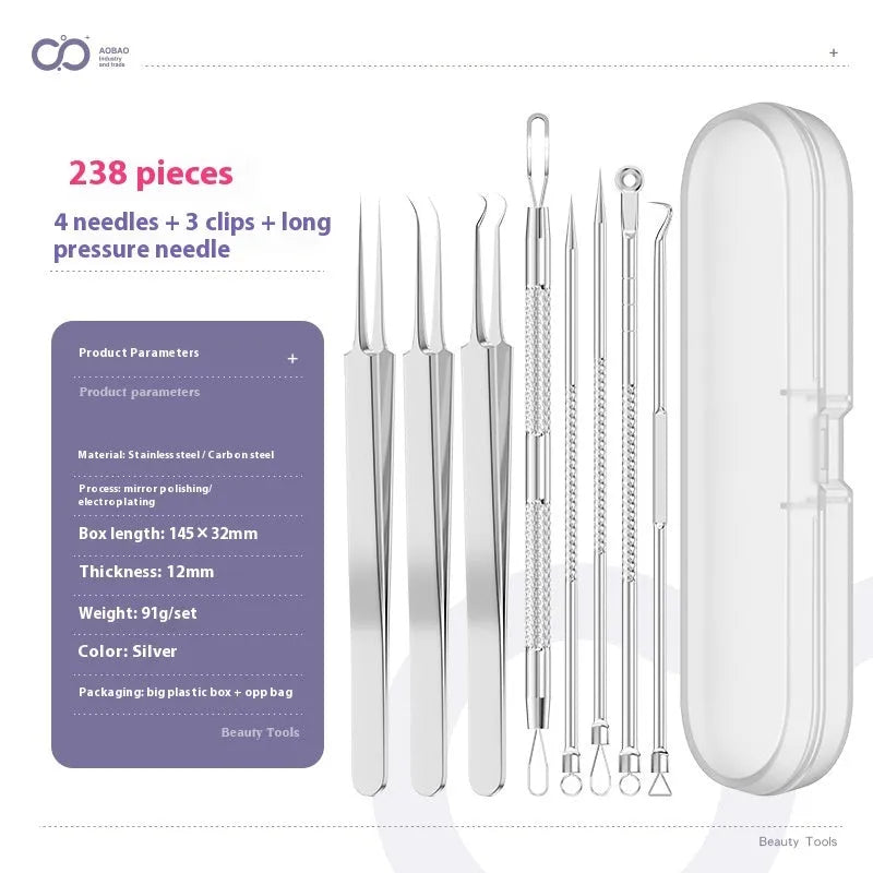 Four silver metal acne needles with ultra-fine pointed tips for blackhead extraction.