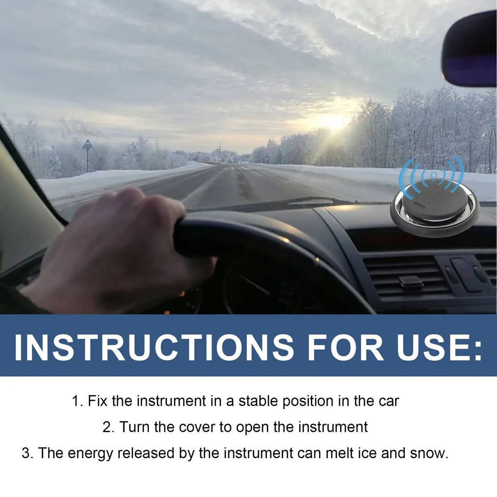 Compact black portable car de-icer snow melter tool for windscreens.