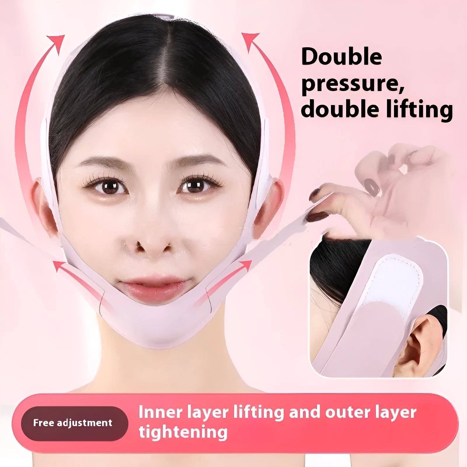 Small V face shaping mask in light breathable fabric, shown in purple and green colours.