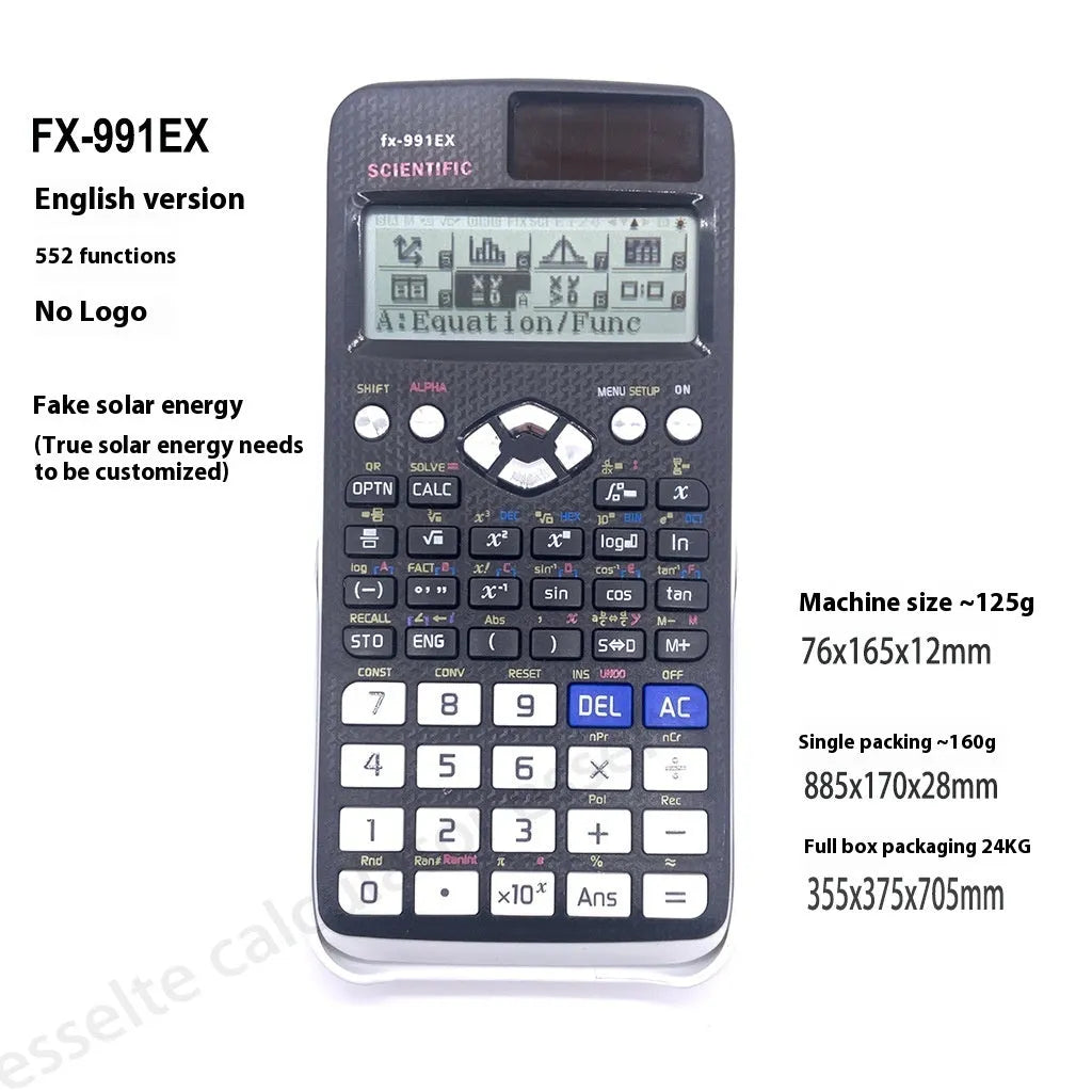 991EX scientific calculator in black, blue or pink with solar panel and ABS plastic construction
