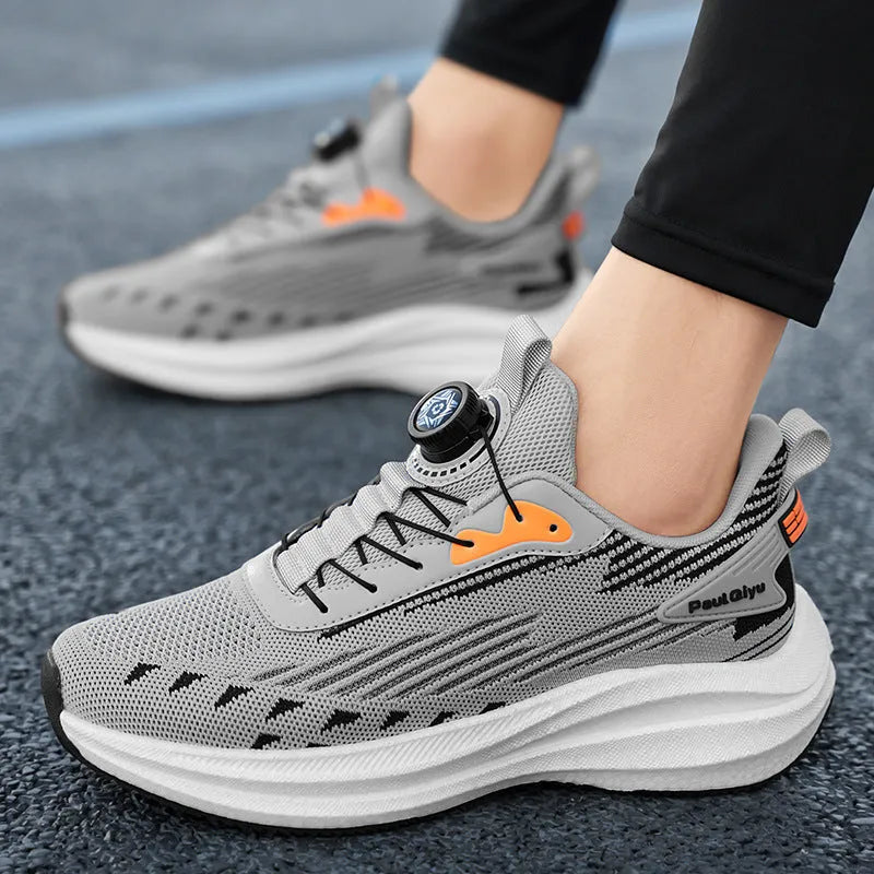 Men's white green Fly-kit mesh running shoes with rotating buckle and lace-up closure on TPU sole