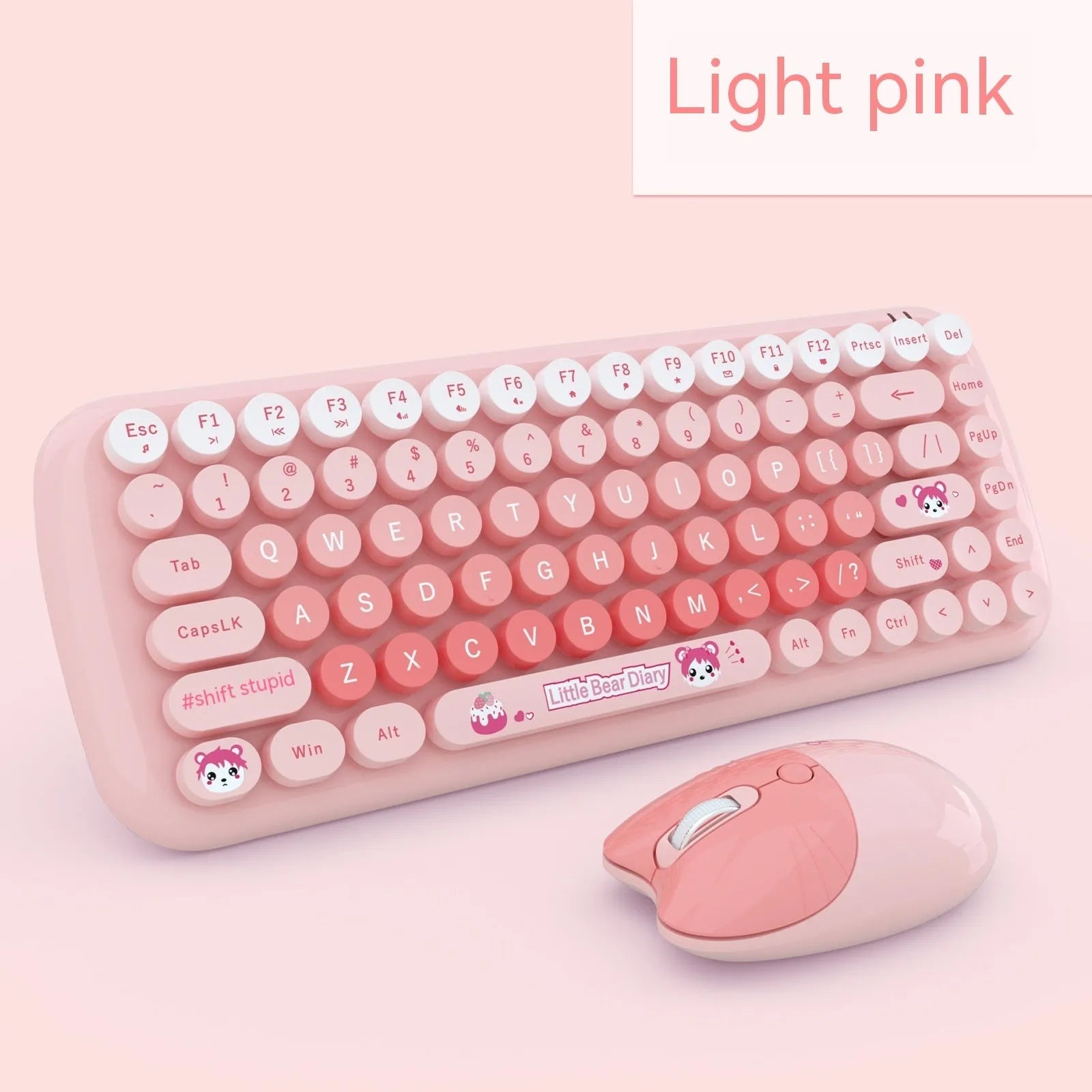 Candy pink wireless keyboard and mouse set with compact 43.5cm keyboard dimensions