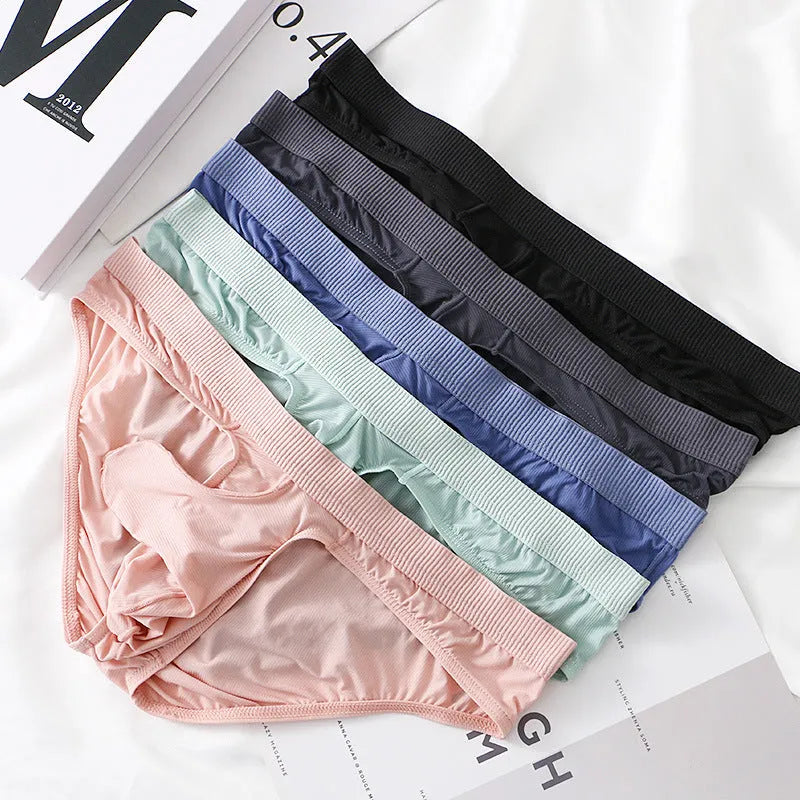 Men's low waist ice silk briefs in black, grey, purplish blue, light green or pink with a knitted construction