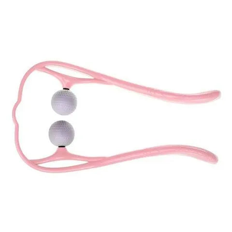 Plastic neck massager with hand roller for trigger point therapy in pink, blue, or green colours with removable heads