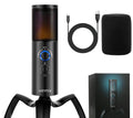 Black metal USB condenser microphone with RGB lighting on adjustable tripod stand